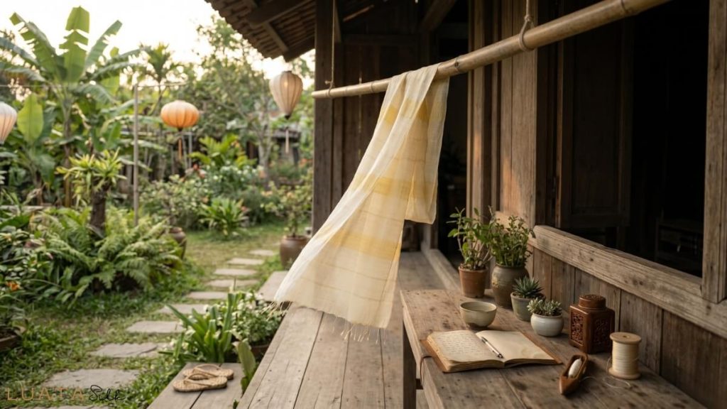 Sự nhẹ nhàng của chiếc khăn lụa mộc dệt tay Luata Silk